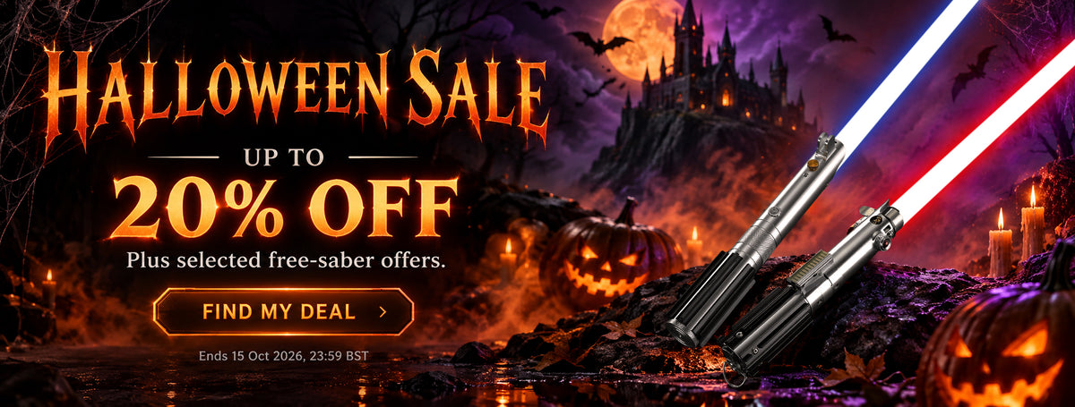 Promotional Halloween sale banner with large orange text reading 'HALLOWEEN SALE UP TO 20% OFF' over a spooky haunted-house scene with pumpkins, candles, and a moonlit sky. Two lightsabers enter from the right, one blue and one red, alongside a 'FIND ME A DEAL' button.