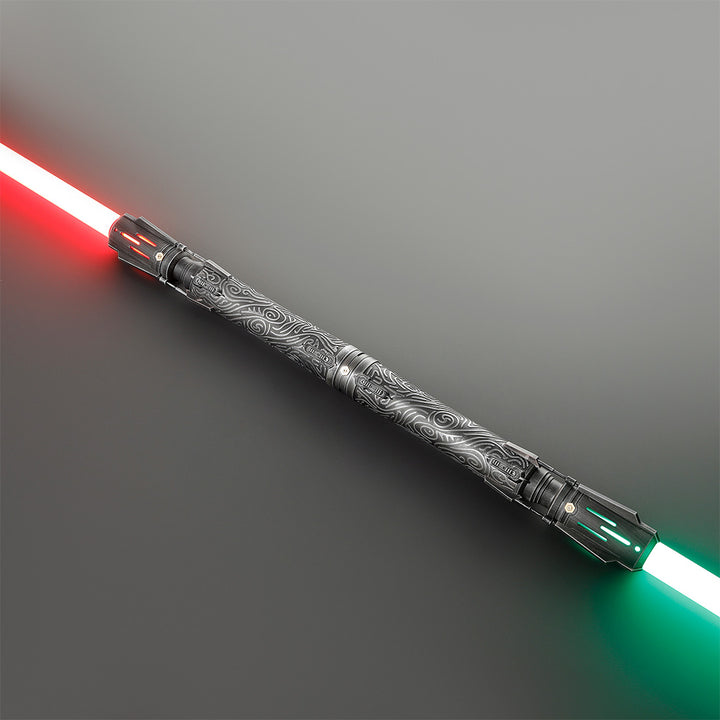 Decorative lightsaber red and green blades on a gray background