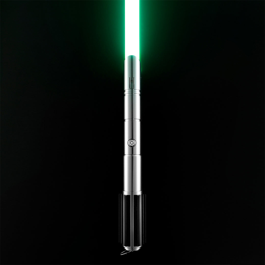 A silver metal laser pointer styled like a lightsaber hilt, emitting a bright green vertical beam against a solid black background.