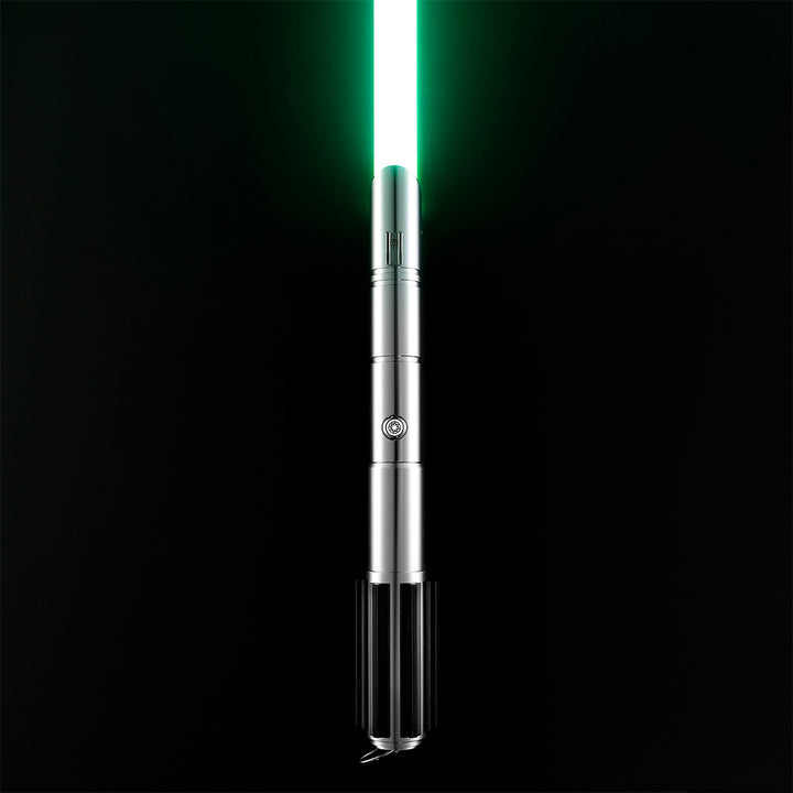 A silver metal laser pointer styled like a lightsaber hilt, emitting a bright green vertical beam against a solid black background.